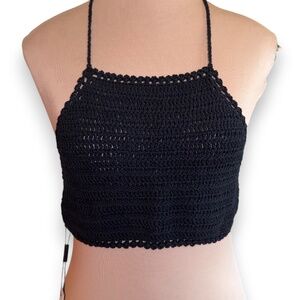 CHOIES Black Crochet Tie Back Halter Crop Top Size S NWT